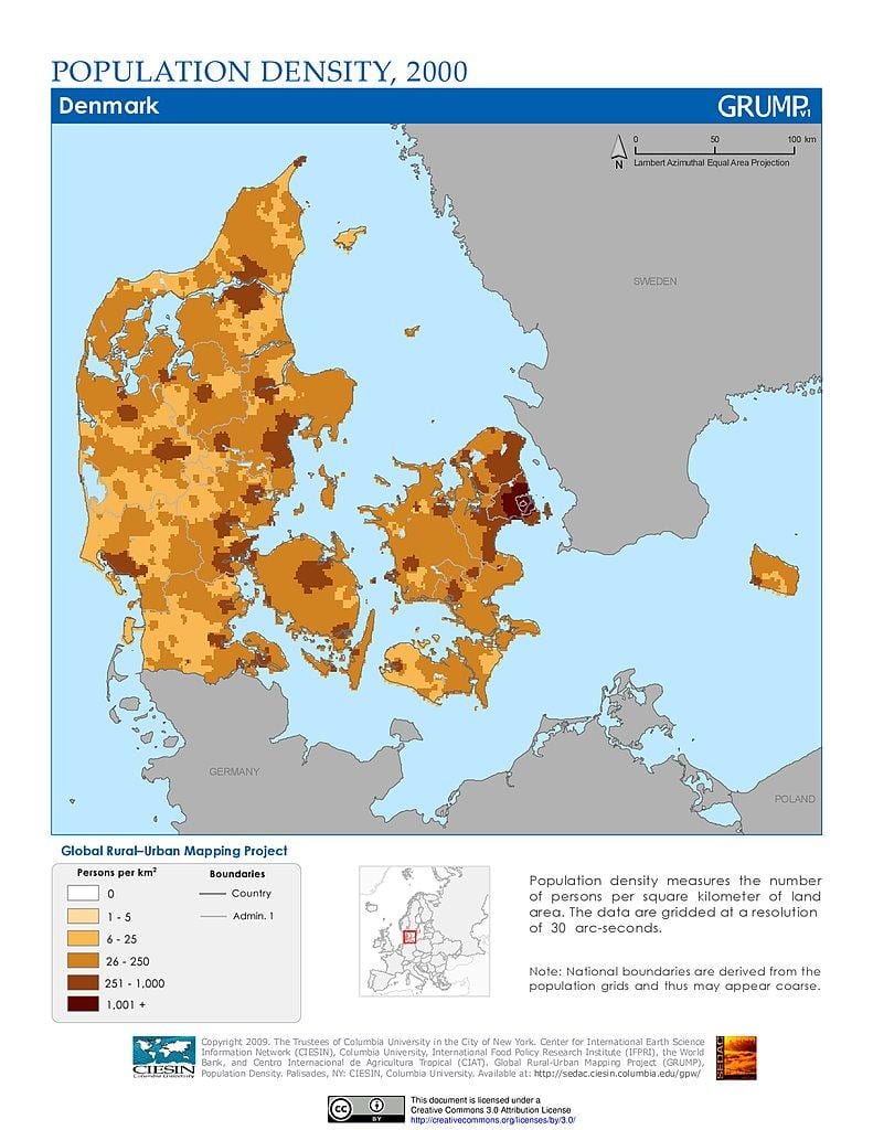 denemarke bevolkingsdigtheid kaart